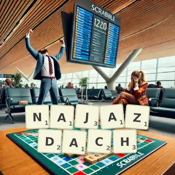 Kreatywna ilustracja do gry w Scrabble ze słowem NAJAZDACH ułożonym z płytek na planszy.
