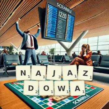 Kreatywna ilustracja do gry w Scrabble ze słowem NAJAZDOWA ułożonym z płytek na planszy.