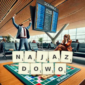 Kreatywna ilustracja do gry w Scrabble ze słowem NAJAZDOWO ułożonym z płytek na planszy.