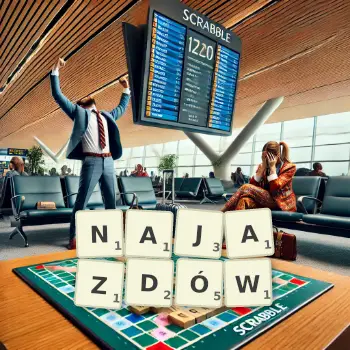 Kreatywna ilustracja do gry w Scrabble ze słowem NAJAZDÓW ułożonym z płytek na planszy.