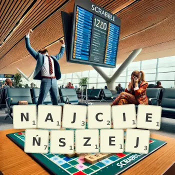 Kreatywna ilustracja do gry w Scrabble ze słowem NAJCIEŃSZEJ ułożonym z płytek na planszy.