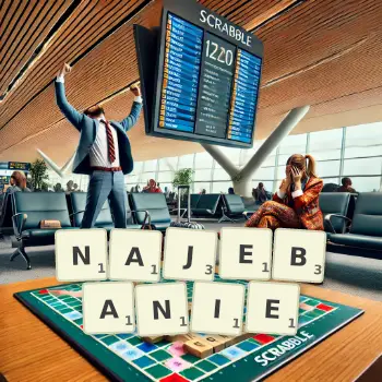 Kreatywna ilustracja do gry w Scrabble ze słowem NAJEBANIE ułożonym z płytek na planszy.