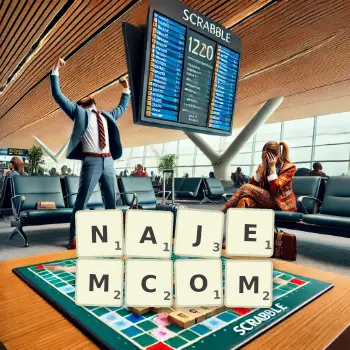 Kreatywna ilustracja do gry w Scrabble ze słowem NAJEMCOM ułożonym z płytek na planszy.