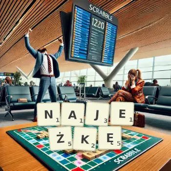Kreatywna ilustracja do gry w Scrabble ze słowem NAJEŻKĘ ułożonym z płytek na planszy.