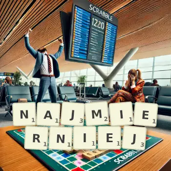 Kreatywna ilustracja do gry w Scrabble ze słowem NAJMIERNIEJ ułożonym z płytek na planszy.