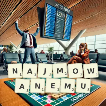 Kreatywna ilustracja do gry w Scrabble ze słowem NAJMOWANEMU ułożonym z płytek na planszy.
