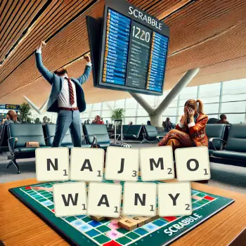 Kreatywna ilustracja do gry w Scrabble ze słowem NAJMOWANY ułożonym z płytek na planszy.