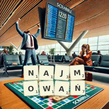 Kreatywna ilustracja do gry w Scrabble ze słowem NAJMOWAŃ ułożonym z płytek na planszy.