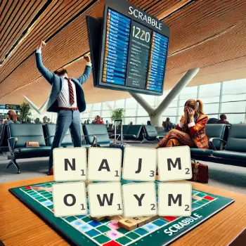 Kreatywna ilustracja do gry w Scrabble ze słowem NAJMOWYM ułożonym z płytek na planszy.