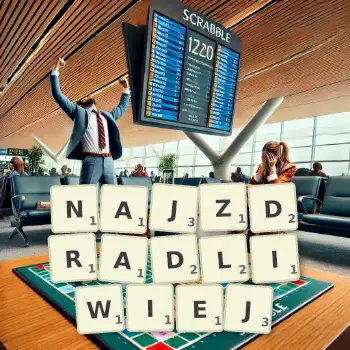 Kreatywna ilustracja do gry w Scrabble ze słowem NAJZDRADLIWIEJ ułożonym z płytek na planszy.