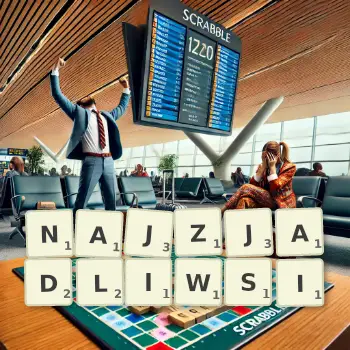 Kreatywna ilustracja do gry w Scrabble ze słowem NAJZJADLIWSI ułożonym z płytek na planszy.