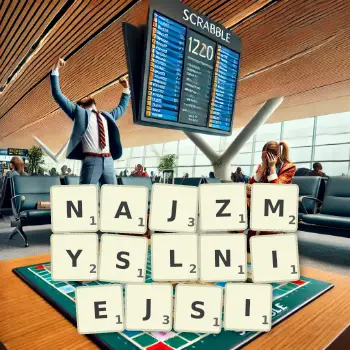 Kreatywna ilustracja do gry w Scrabble ze słowem NAJZMYSLNIEJSI ułożonym z płytek na planszy.