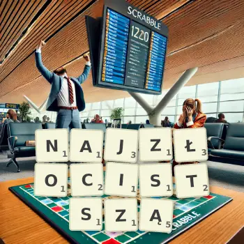 Kreatywna ilustracja do gry w Scrabble ze słowem NAJZŁOCISTSZĄ ułożonym z płytek na planszy.