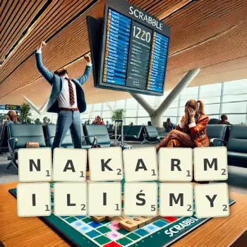 Kreatywna ilustracja do gry w Scrabble ze słowem NAKARMILIŚMY ułożonym z płytek na planszy.
