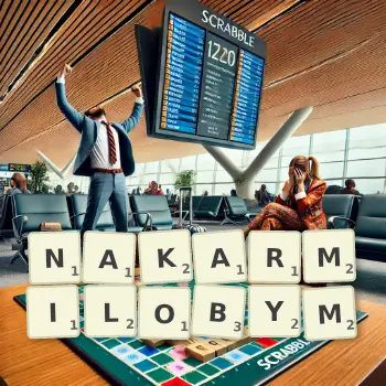 Kreatywna ilustracja do gry w Scrabble ze słowem NAKARMILOBYM ułożonym z płytek na planszy.
