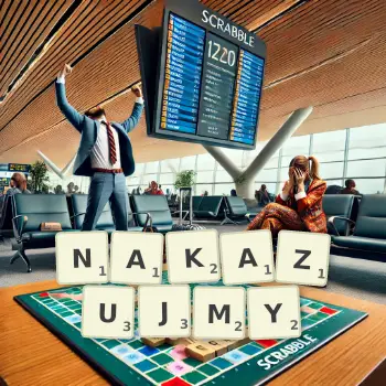 Kreatywna ilustracja do gry w Scrabble ze słowem NAKAZUJMY ułożonym z płytek na planszy.