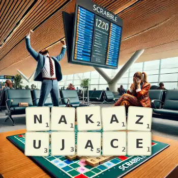 Kreatywna ilustracja do gry w Scrabble ze słowem NAKAZUJĄCE ułożonym z płytek na planszy.