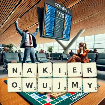 Kreatywna ilustracja do gry w Scrabble ze słowem NAKIEROWUJMY ułożonym z płytek na planszy.