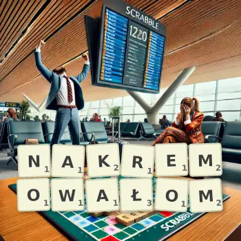 Kreatywna ilustracja do gry w Scrabble ze słowem NAKREMOWAŁOM ułożonym z płytek na planszy.