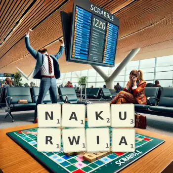 Kreatywna ilustracja do gry w Scrabble ze słowem NAKURWIA ułożonym z płytek na planszy.