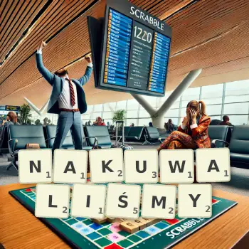 Kreatywna ilustracja do gry w Scrabble ze słowem NAKUWALIŚMY ułożonym z płytek na planszy.