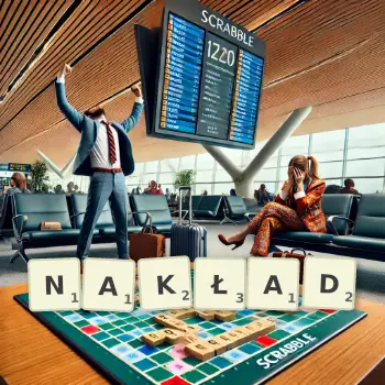 Kreatywna ilustracja do gry w Scrabble ze słowem NAKŁAD ułożonym z płytek na planszy.