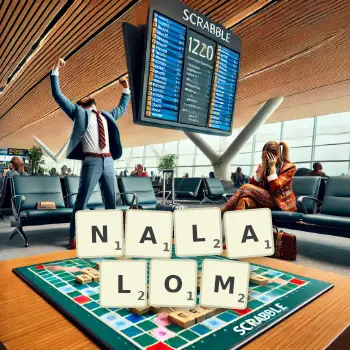 Kreatywna ilustracja do gry w Scrabble ze słowem NALALOM ułożonym z płytek na planszy.