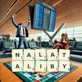Kreatywna ilustracja do gry w Scrabble ze słowem NALATALIBY ułożonym z płytek na planszy.