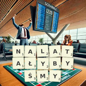 Kreatywna ilustracja do gry w Scrabble ze słowem NALATAŁYBYŚMY ułożonym z płytek na planszy.