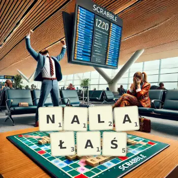 Kreatywna ilustracja do gry w Scrabble ze słowem NALAŁAŚ ułożonym z płytek na planszy.