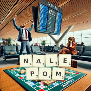 Kreatywna ilustracja do gry w Scrabble ze słowem NALEPOM ułożonym z płytek na planszy.