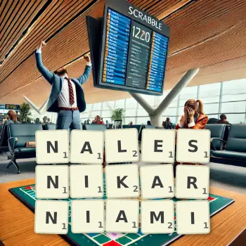Kreatywna ilustracja do gry w Scrabble ze słowem NALESNIKARNIAMI ułożonym z płytek na planszy.