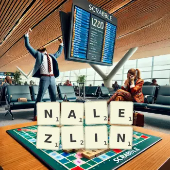 Kreatywna ilustracja do gry w Scrabble ze słowem NALEZLIN ułożonym z płytek na planszy.