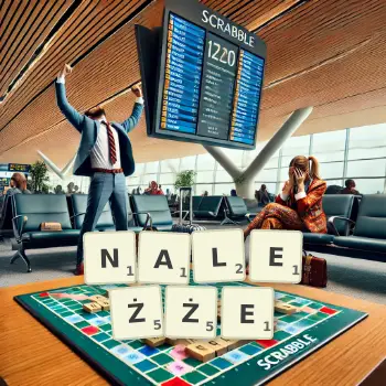 Kreatywna ilustracja do gry w Scrabble ze słowem NALEŻŻE ułożonym z płytek na planszy.