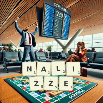 Kreatywna ilustracja do gry w Scrabble ze słowem NALIŻŻE ułożonym z płytek na planszy.