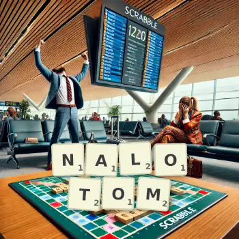 Kreatywna ilustracja do gry w Scrabble ze słowem NALOTOM ułożonym z płytek na planszy.