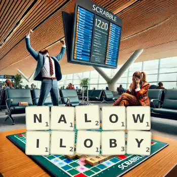 Kreatywna ilustracja do gry w Scrabble ze słowem NALOWILOBY ułożonym z płytek na planszy.