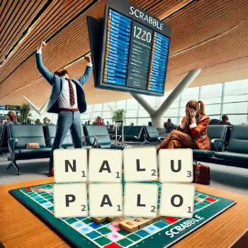 Kreatywna ilustracja do gry w Scrabble ze słowem NALUPALO ułożonym z płytek na planszy.