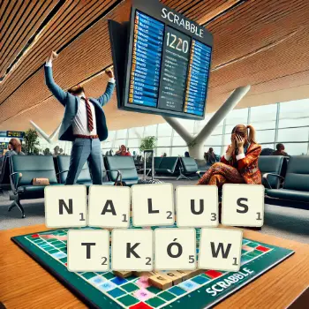 Kreatywna ilustracja do gry w Scrabble ze słowem NALUSTKÓW ułożonym z płytek na planszy.