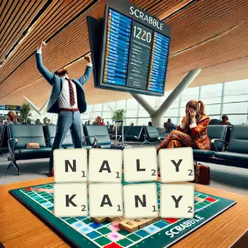 Kreatywna ilustracja do gry w Scrabble ze słowem NALYKANY ułożonym z płytek na planszy.