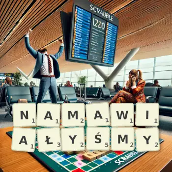 Kreatywna ilustracja do gry w Scrabble ze słowem NAMAWIAŁYŚMY ułożonym z płytek na planszy.