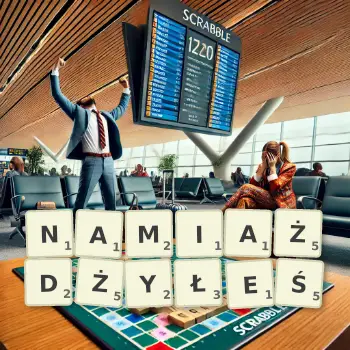 Kreatywna ilustracja do gry w Scrabble ze słowem NAMIAŻDŻYŁEŚ ułożonym z płytek na planszy.