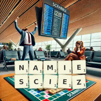 Kreatywna ilustracja do gry w Scrabble ze słowem NAMIESCIEZ ułożonym z płytek na planszy.