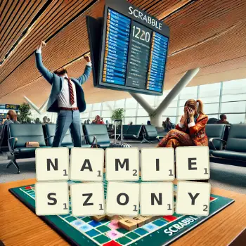 Kreatywna ilustracja do gry w Scrabble ze słowem NAMIESZONY ułożonym z płytek na planszy.