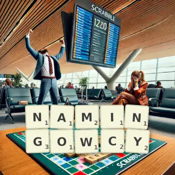Kreatywna ilustracja do gry w Scrabble ze słowem NAMINGOWCY ułożonym z płytek na planszy.