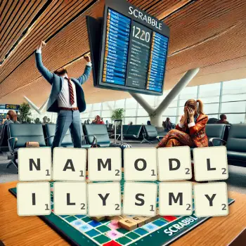 Kreatywna ilustracja do gry w Scrabble ze słowem NAMODLILYSMY ułożonym z płytek na planszy.