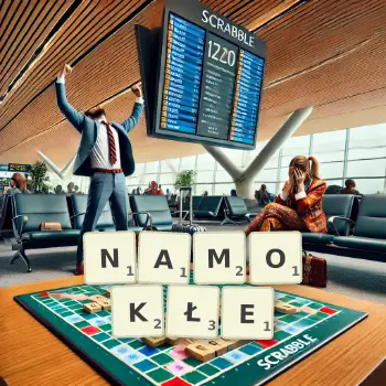 Kreatywna ilustracja do gry w Scrabble ze słowem NAMOKŁE ułożonym z płytek na planszy.
