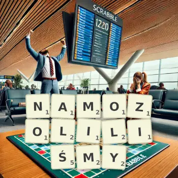 Kreatywna ilustracja do gry w Scrabble ze słowem NAMOZOLILIŚMY ułożonym z płytek na planszy.
