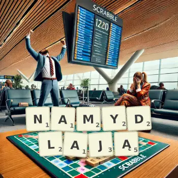 Kreatywna ilustracja do gry w Scrabble ze słowem NAMYDLAJĄ ułożonym z płytek na planszy.
