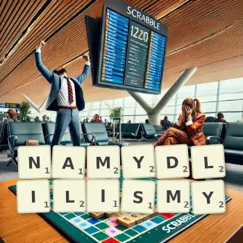 Kreatywna ilustracja do gry w Scrabble ze słowem NAMYDLILISMY ułożonym z płytek na planszy.